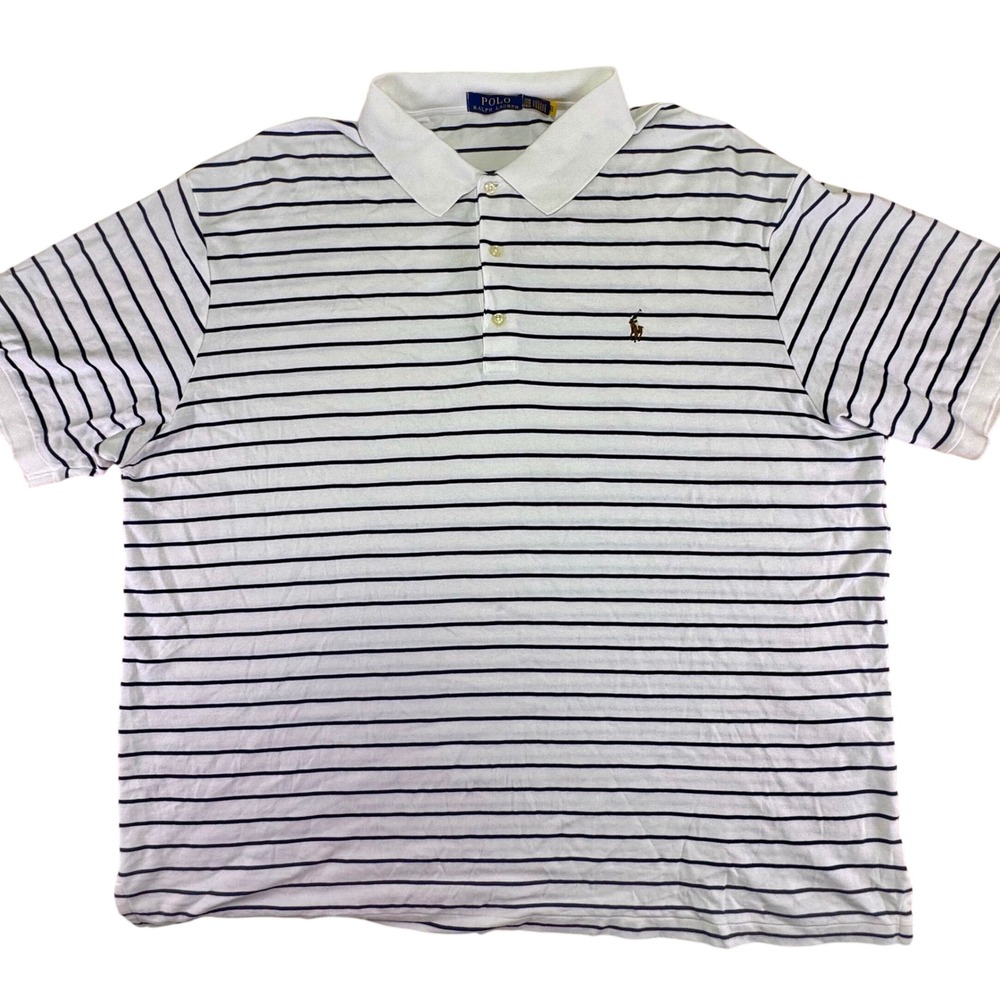 Polo Ralph Lauren‎ White Navy Stripe Polo Shirt 2XB Classic Fit Cotton Top